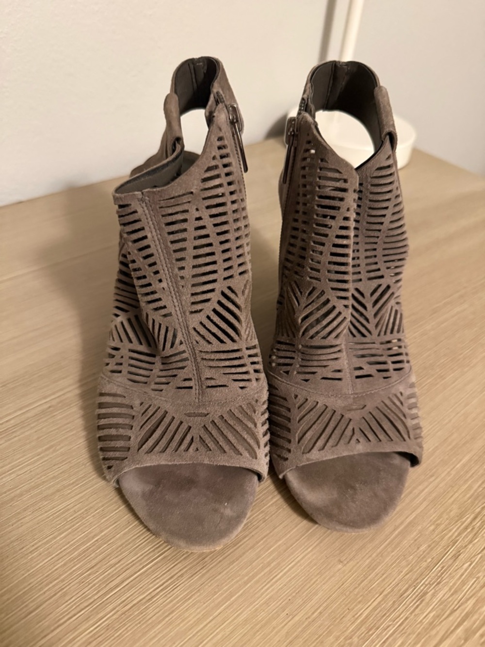 Vince Camuto Taupe Laser-Cut Peep-Toe Booties